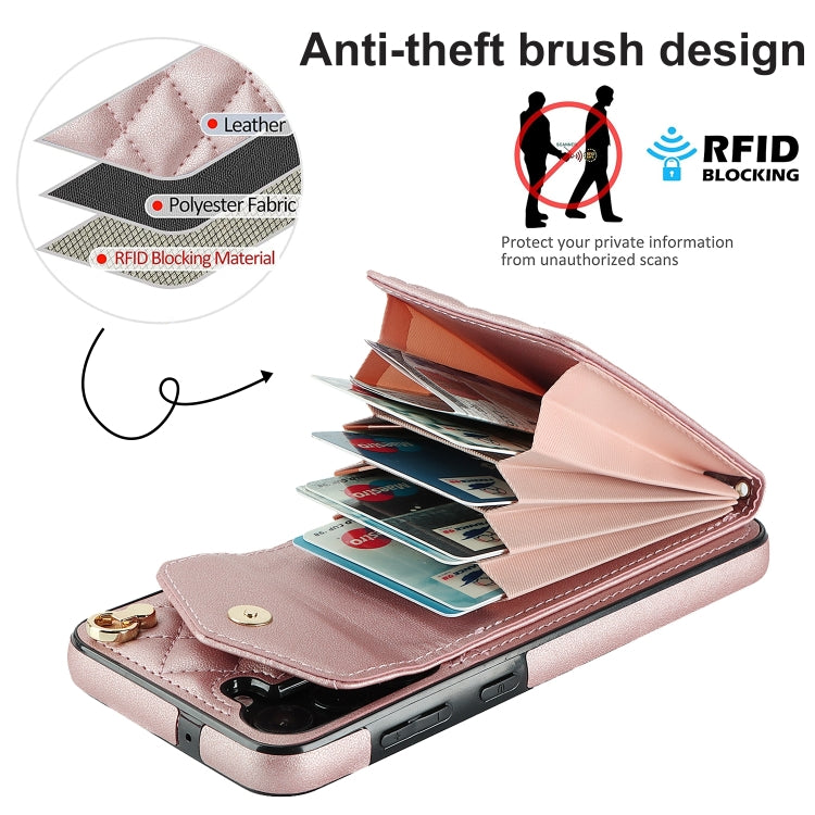 For Samsung Galaxy S24 5G Rhombic Texture Card Bag Phone Case with Long Lanyard(Rose Gold) - Galaxy S24 5G Cases by PMC Jewellery | Online Shopping South Africa | PMC Jewellery | Buy Now Pay Later Mobicred