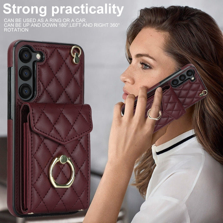 For Samsung Galaxy S24 5G Rhombic Texture Card Bag Phone Case with Long Lanyard(Wine Red) - Galaxy S24 5G Cases by PMC Jewellery | Online Shopping South Africa | PMC Jewellery | Buy Now Pay Later Mobicred