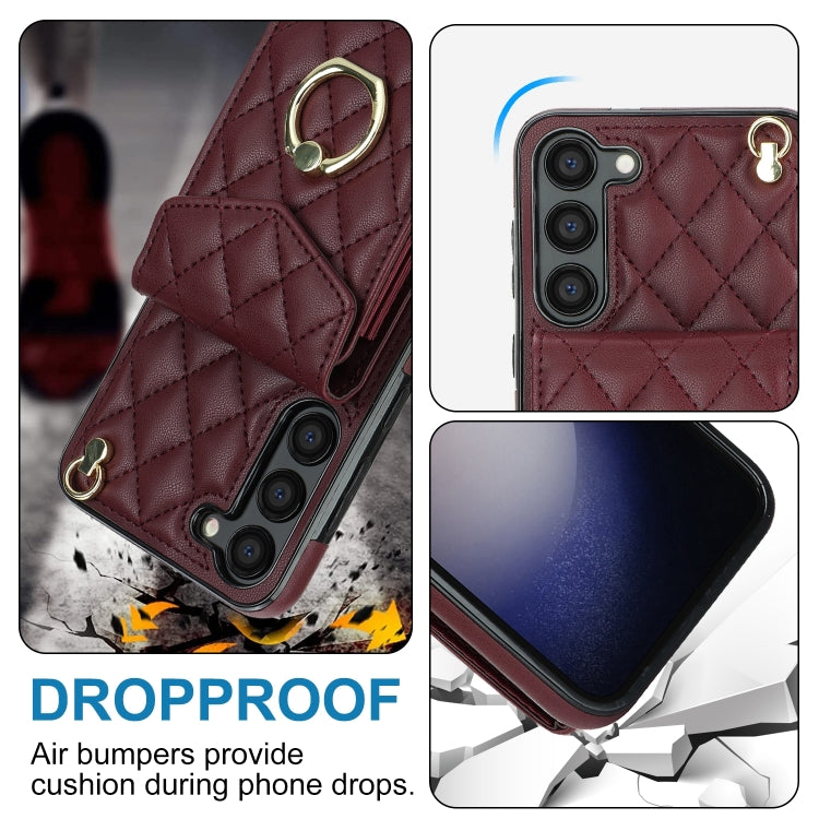 For Samsung Galaxy S24+ 5G Rhombic Texture Card Bag Phone Case with Long Lanyard(Wine Red) - Galaxy S24+ 5G Cases by PMC Jewellery | Online Shopping South Africa | PMC Jewellery | Buy Now Pay Later Mobicred