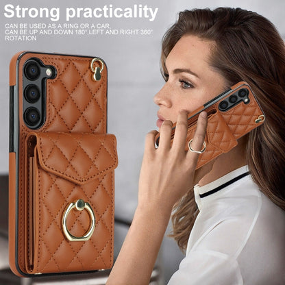 For Samsung Galaxy S24+ 5G Rhombic Texture Card Bag Phone Case with Long Lanyard(Brown) - Galaxy S24+ 5G Cases by PMC Jewellery | Online Shopping South Africa | PMC Jewellery | Buy Now Pay Later Mobicred