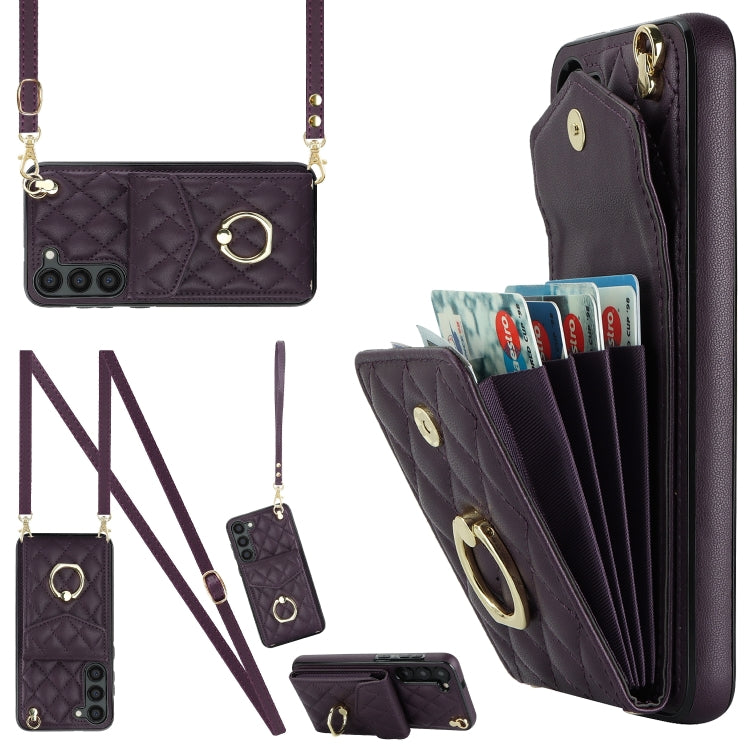 For Samsung Galaxy S24+ 5G Rhombic Texture Card Bag Phone Case with Long Lanyard(Dark Purple) - Galaxy S24+ 5G Cases by PMC Jewellery | Online Shopping South Africa | PMC Jewellery | Buy Now Pay Later Mobicred