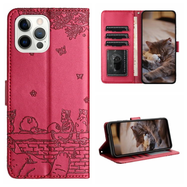 For iPhone 16 Pro Cat Embossing Pattern Leather Phone Case with Lanyard(Red) - iPhone 16 Pro Cases by PMC Jewellery | Online Shopping South Africa | PMC Jewellery | Buy Now Pay Later Mobicred