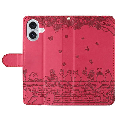 For iPhone 16 Plus Cat Embossing Pattern Leather Phone Case with Lanyard(Red) - iPhone 16 Plus Cases by PMC Jewellery | Online Shopping South Africa | PMC Jewellery | Buy Now Pay Later Mobicred