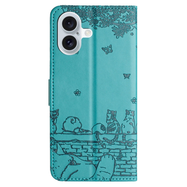 For iPhone 16 Plus Cat Embossing Pattern Leather Phone Case with Lanyard(Blue) - iPhone 16 Plus Cases by PMC Jewellery | Online Shopping South Africa | PMC Jewellery | Buy Now Pay Later Mobicred