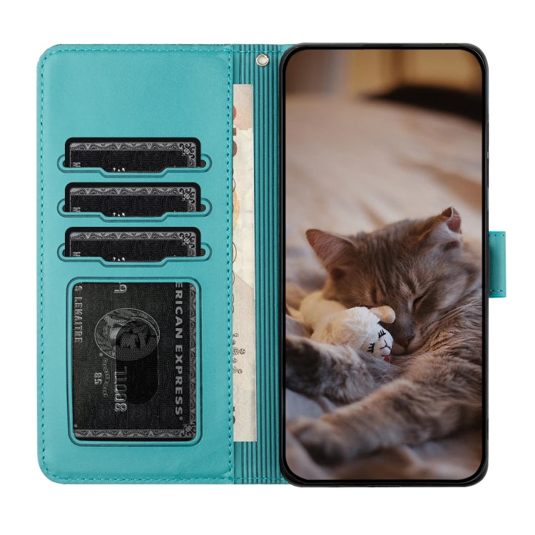 For iPhone 16 Plus Cat Embossing Pattern Leather Phone Case with Lanyard(Blue) - iPhone 16 Plus Cases by PMC Jewellery | Online Shopping South Africa | PMC Jewellery | Buy Now Pay Later Mobicred