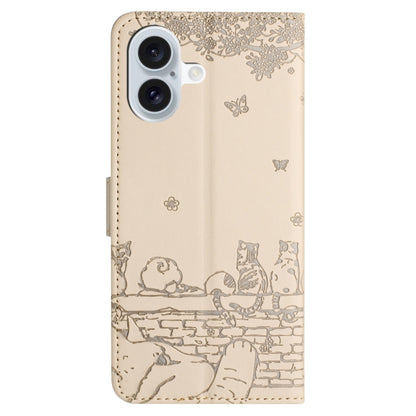 For iPhone 16 Plus Cat Embossing Pattern Leather Phone Case with Lanyard(Beige) - iPhone 16 Plus Cases by PMC Jewellery | Online Shopping South Africa | PMC Jewellery | Buy Now Pay Later Mobicred