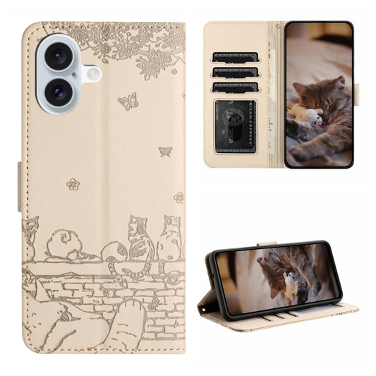 For iPhone 16 Cat Embossing Pattern Leather Phone Case with Lanyard(Beige) - iPhone 16 Cases by PMC Jewellery | Online Shopping South Africa | PMC Jewellery | Buy Now Pay Later Mobicred