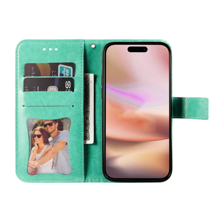 For iPhone 16 Plus 7-petal Flowers Embossing Leather Phone Case(Green) - iPhone 16 Plus Cases by PMC Jewellery | Online Shopping South Africa | PMC Jewellery | Buy Now Pay Later Mobicred