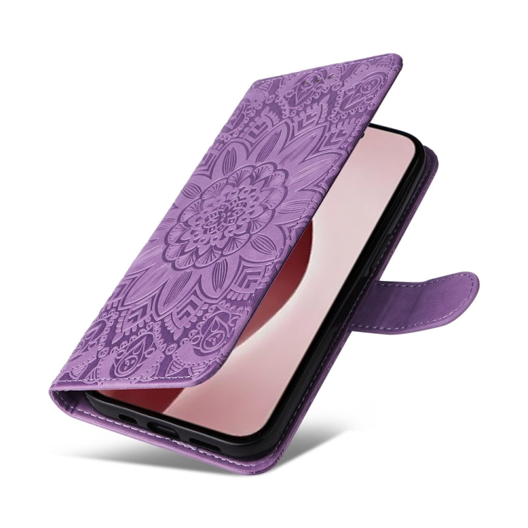 For iPhone 16 Pro Embossed Sunflower Leather Phone Case(Purple) - iPhone 16 Pro Cases by PMC Jewellery | Online Shopping South Africa | PMC Jewellery | Buy Now Pay Later Mobicred