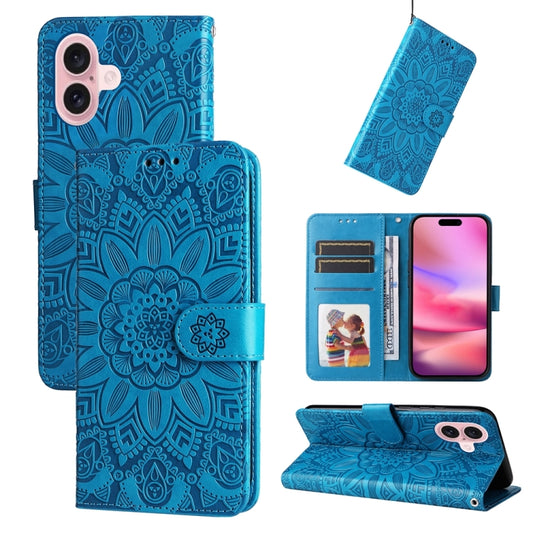 For iPhone 16 Embossed Sunflower Leather Phone Case(Blue) - iPhone 16 Cases by PMC Jewellery | Online Shopping South Africa | PMC Jewellery | Buy Now Pay Later Mobicred