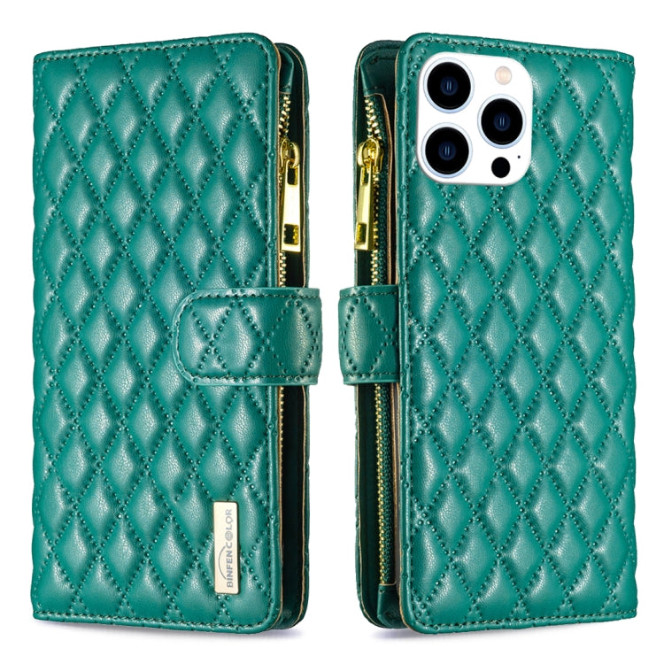 For iPhone 16 Pro Max Diamond Lattice Zipper Wallet Leather Flip Phone Case(Green) - iPhone 16 Pro Max Cases by PMC Jewellery | Online Shopping South Africa | PMC Jewellery | Buy Now Pay Later Mobicred