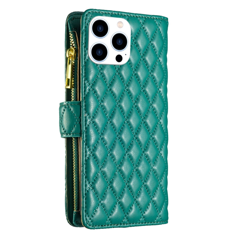 For iPhone 16 Pro Max Diamond Lattice Zipper Wallet Leather Flip Phone Case(Green) - iPhone 16 Pro Max Cases by PMC Jewellery | Online Shopping South Africa | PMC Jewellery | Buy Now Pay Later Mobicred