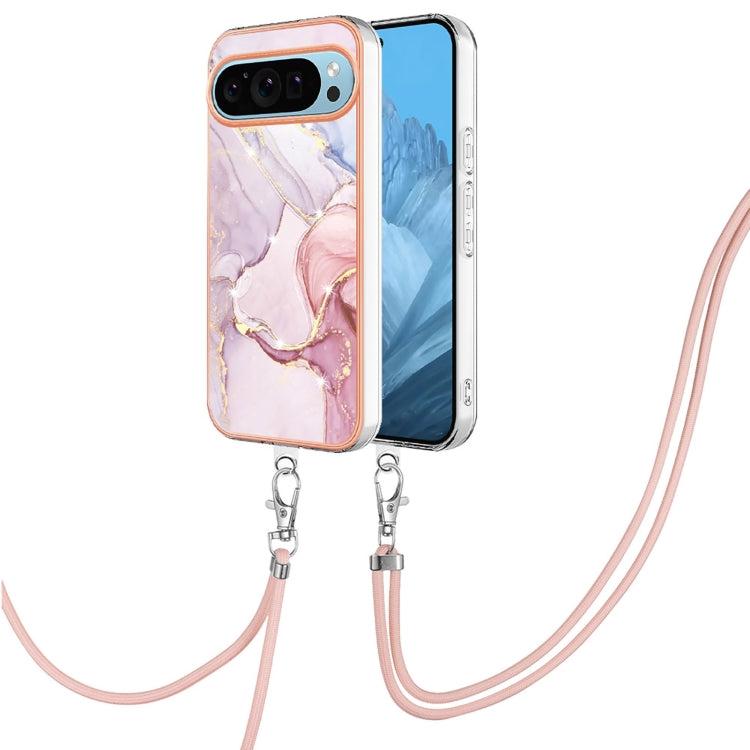 For Google Pixel 9 / 9 Pro Electroplating Marble Dual-side IMD Phone Case with Lanyard(Rose Gold 005) - Google Cases by PMC Jewellery | Online Shopping South Africa | PMC Jewellery | Buy Now Pay Later Mobicred