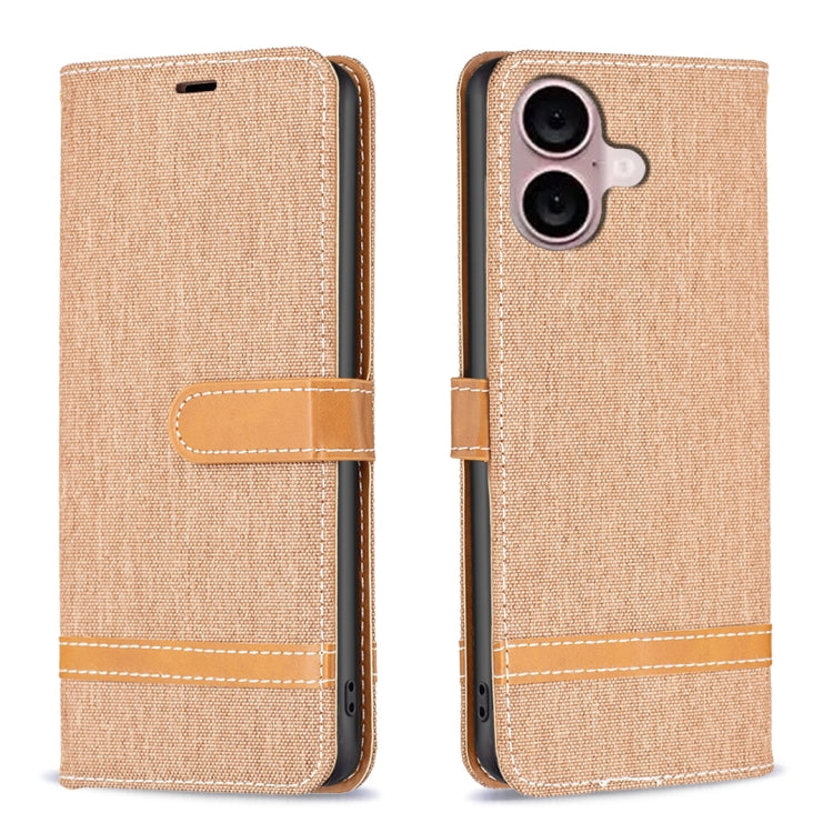 For iPhone 16 Color Block Denim Texture Leather Phone Case(Brown) - iPhone 16 Cases by PMC Jewellery | Online Shopping South Africa | PMC Jewellery | Buy Now Pay Later Mobicred