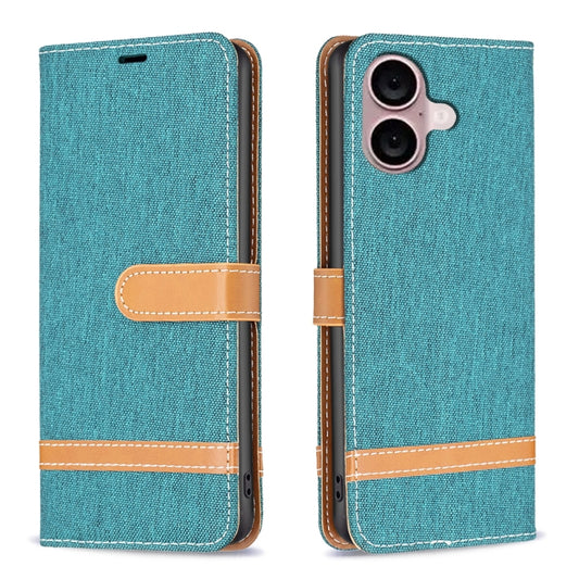 For iPhone 16 Plus Color Block Denim Texture Leather Phone Case(Green) - iPhone 16 Plus Cases by PMC Jewellery | Online Shopping South Africa | PMC Jewellery | Buy Now Pay Later Mobicred