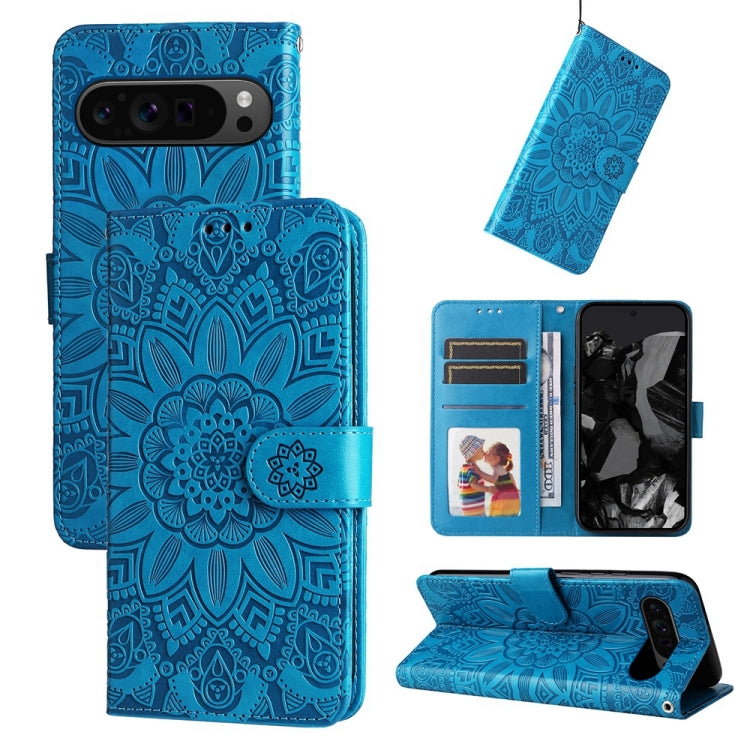 For Google Pixel 9 Pro Embossed Sunflower Leather Phone Case(Blue) - Google Cases by PMC Jewellery | Online Shopping South Africa | PMC Jewellery | Buy Now Pay Later Mobicred