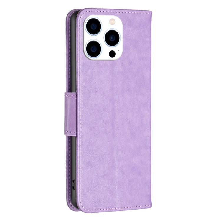 For iPhone 16 Pro Embossing Two Butterflies Pattern Leather Phone Case(Purple) - iPhone 16 Pro Cases by PMC Jewellery | Online Shopping South Africa | PMC Jewellery | Buy Now Pay Later Mobicred