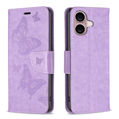 For iPhone 16 Embossing Two Butterflies Pattern Leather Phone Case(Purple) - iPhone 16 Cases by PMC Jewellery | Online Shopping South Africa | PMC Jewellery | Buy Now Pay Later Mobicred