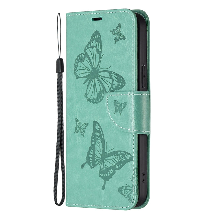 For iPhone 16 Plus Embossing Two Butterflies Pattern Leather Phone Case(Green) - iPhone 16 Plus Cases by PMC Jewellery | Online Shopping South Africa | PMC Jewellery | Buy Now Pay Later Mobicred