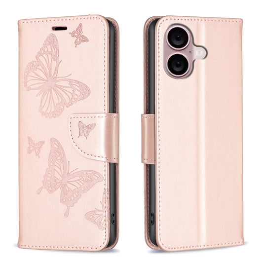 For iPhone 16 Plus Embossing Two Butterflies Pattern Leather Phone Case(Rose Gold) - iPhone 16 Plus Cases by PMC Jewellery | Online Shopping South Africa | PMC Jewellery | Buy Now Pay Later Mobicred