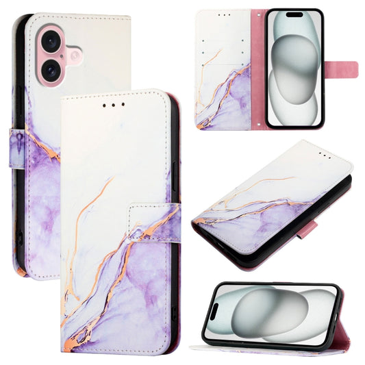 For iPhone 16 PT003 Marble Pattern Flip Leather Phone Case(White Purple LS006) - iPhone 16 Cases by PMC Jewellery | Online Shopping South Africa | PMC Jewellery | Buy Now Pay Later Mobicred