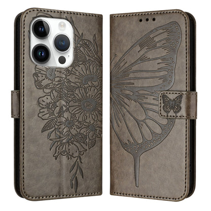 For iPhone 16 Pro Embossed Butterfly Leather Phone Case(Grey) - iPhone 16 Pro Cases by PMC Jewellery | Online Shopping South Africa | PMC Jewellery | Buy Now Pay Later Mobicred