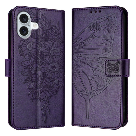 For iPhone 16 Plus Embossed Butterfly Leather Phone Case(Dark Purple) - iPhone 16 Plus Cases by PMC Jewellery | Online Shopping South Africa | PMC Jewellery | Buy Now Pay Later Mobicred