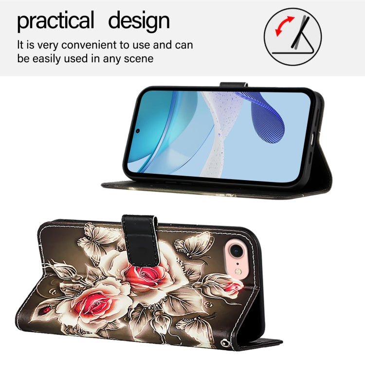 For iPhone SE 2024 Colored Drawing Pattern Plain Weave Leather Phone Case(Roses On Black) - More iPhone Cases by PMC Jewellery | Online Shopping South Africa | PMC Jewellery | Buy Now Pay Later Mobicred