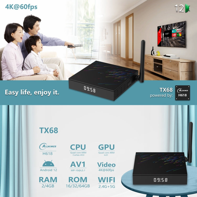 H618-TX68 Android 12.0 Allwinner H618 Quad Core Smart TV Box, Memory:4GB+32GB(EU Plug) - Allwinner H6 by PMC Jewellery | Online Shopping South Africa | PMC Jewellery | Buy Now Pay Later Mobicred