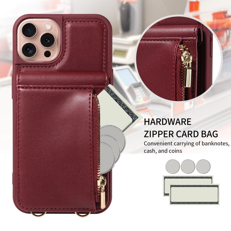 For iPhone 16 Pro Crossbody Lanyard Zipper Wallet Leather Phone Case(Wine Red) - iPhone 16 Pro Cases by PMC Jewellery | Online Shopping South Africa | PMC Jewellery | Buy Now Pay Later Mobicred