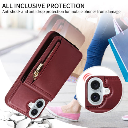 For iPhone 16 Plus Crossbody Lanyard Zipper Wallet Leather Phone Case(Wine Red) - iPhone 16 Plus Cases by PMC Jewellery | Online Shopping South Africa | PMC Jewellery | Buy Now Pay Later Mobicred