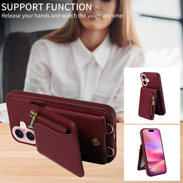 For iPhone 16 Crossbody Lanyard Zipper Wallet Leather Phone Case(Wine Red) - iPhone 16 Cases by PMC Jewellery | Online Shopping South Africa | PMC Jewellery | Buy Now Pay Later Mobicred