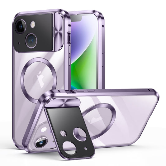 For iPhone 14 Large Window Holder MagSafe Magnetic Metal Phone Case(Purple) - iPhone 14 Cases by PMC Jewellery | Online Shopping South Africa | PMC Jewellery