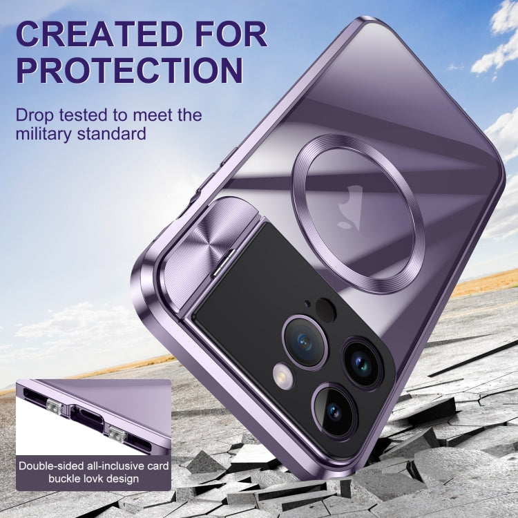 For iPhone 15 Pro Large Window Holder MagSafe Magnetic Metal Phone Case(Purple) - iPhone 15 Pro Cases by PMC Jewellery | Online Shopping South Africa | PMC Jewellery