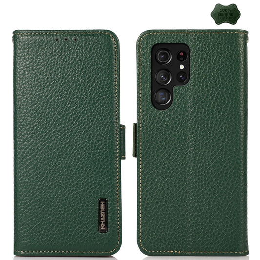 For Samsung Galaxy S24 Ultra KHAZNEH Side-Magnetic Litchi Genuine Leather RFID Phone Case(Green) - Galaxy Phone Cases by PMC Jewellery | Online Shopping South Africa | PMC Jewellery | Buy Now Pay Later Mobicred