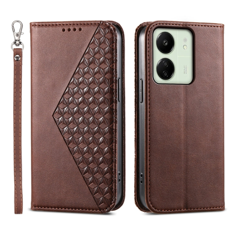 For Xiaomi Redmi 13C Cubic Grid Calf Texture Magnetic Leather Phone Case(Brown) - 13C Cases by PMC Jewellery | Online Shopping South Africa | PMC Jewellery | Buy Now Pay Later Mobicred