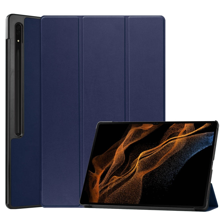 For Samsung Galaxy Tab S10 Ultra / S9 Ultra Custer Pure Color 3-Fold Holder Smart Leather Tablet Case(Dark Blue) - Galaxy Tab S9 Ultra Cases by PMC Jewellery | Online Shopping South Africa | PMC Jewellery | Buy Now Pay Later Mobicred