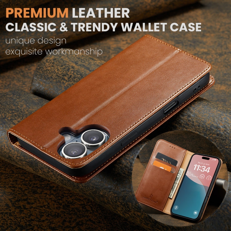 For iPhone 16 Plus Fierre Shann PU Genuine Leather Texture Phone Case(Brown) - iPhone 16 Plus Cases by FIERRE SHANN | Online Shopping South Africa | PMC Jewellery | Buy Now Pay Later Mobicred