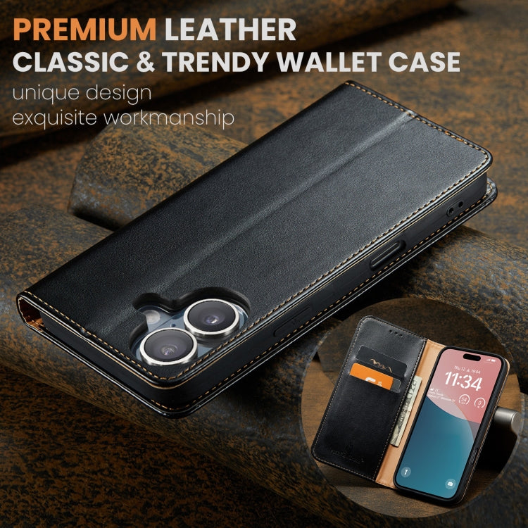 For iPhone 16 Plus Fierre Shann PU Genuine Leather Texture Phone Case(Black) - iPhone 16 Plus Cases by FIERRE SHANN | Online Shopping South Africa | PMC Jewellery | Buy Now Pay Later Mobicred