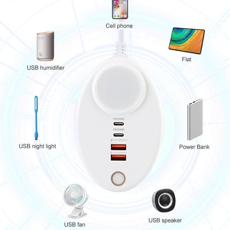 YF-106 USB- C / Type-Cx2+USBx2 Oval PD Socket Phone Charger with Light, Plug Type:US Plug(White) - Multifunction Charger by PMC Jewellery | Online Shopping South Africa | PMC Jewellery | Buy Now Pay Later Mobicred