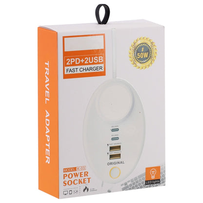 YF-106 USB- C / Type-Cx2+USBx2 Oval PD Socket Phone Charger with Light, Plug Type:US Plug(White) - Multifunction Charger by PMC Jewellery | Online Shopping South Africa | PMC Jewellery | Buy Now Pay Later Mobicred