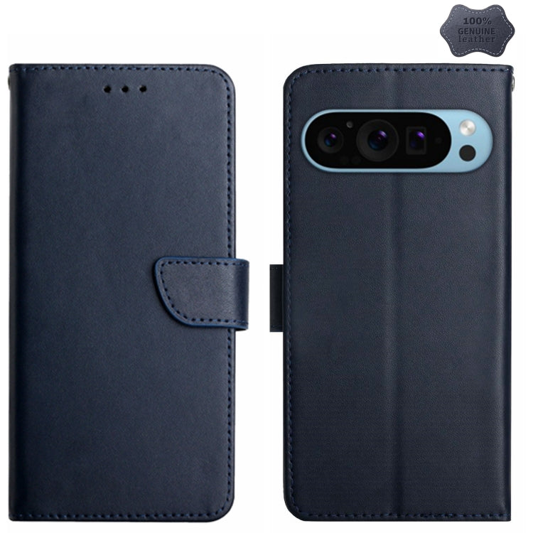 For Google Pixel 9 HT02 Genuine Leather Fingerprint-proof Flip Phone Case(Blue) - Google Cases by PMC Jewellery | Online Shopping South Africa | PMC Jewellery | Buy Now Pay Later Mobicred