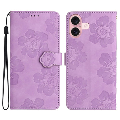 For iPhone 16 Flower Embossing Pattern Leather Phone Case(Purple) - iPhone 16 Cases by PMC Jewellery | Online Shopping South Africa | PMC Jewellery | Buy Now Pay Later Mobicred