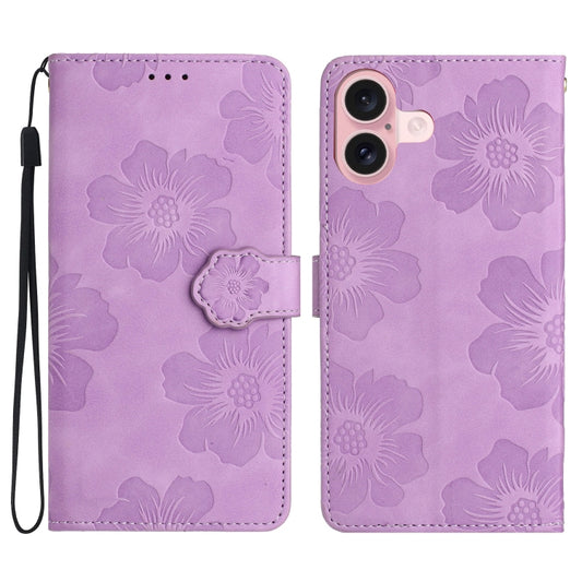 For iPhone 16 Flower Embossing Pattern Leather Phone Case(Purple) - iPhone 16 Cases by PMC Jewellery | Online Shopping South Africa | PMC Jewellery | Buy Now Pay Later Mobicred