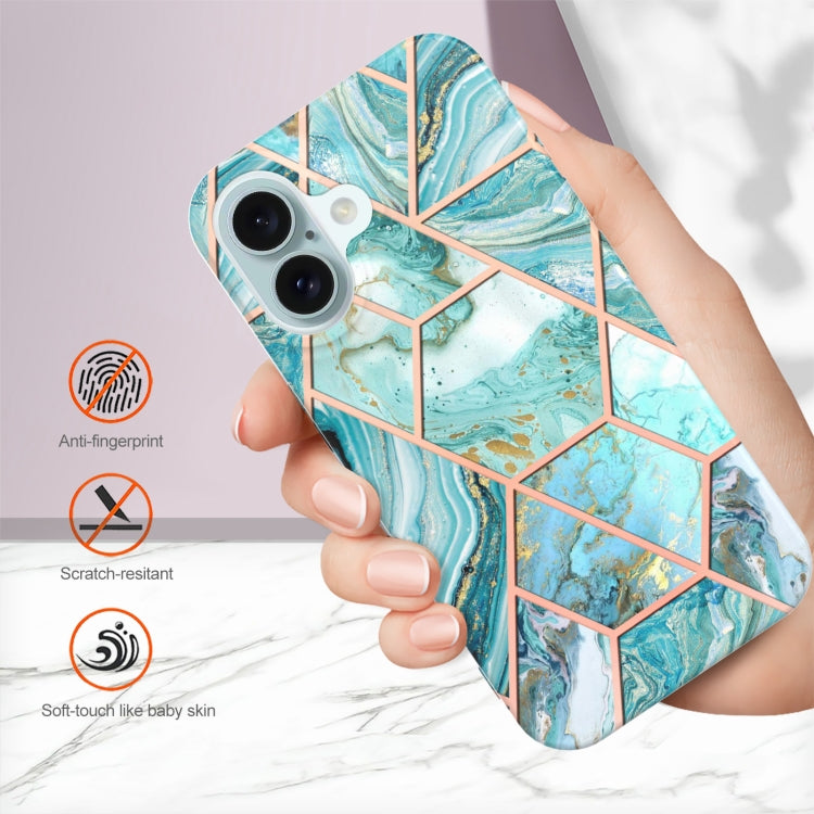 For iPhone 16 Electroplating Splicing Marble Flower Pattern Dual-side IMD TPU Shockproof Phone Case(Green) - iPhone 16 Cases by PMC Jewellery | Online Shopping South Africa | PMC Jewellery | Buy Now Pay Later Mobicred