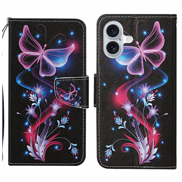 For iPhone 16 3D Colored Drawing Flip Leather Phone Case(Fluorescent Butterfly) - iPhone 16 Cases by PMC Jewellery | Online Shopping South Africa | PMC Jewellery | Buy Now Pay Later Mobicred