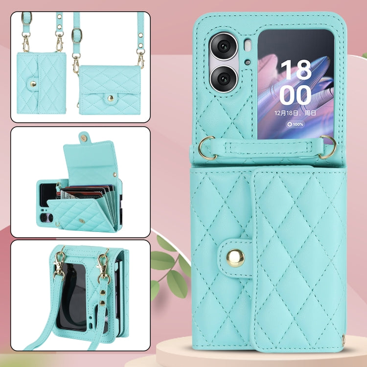 For OPPO Find N2 Flip Rhombic Texture Card Bag PU Phone Case with Long Lanyard(Mint Green) - Find N2 Flip Cases by PMC Jewellery | Online Shopping South Africa | PMC Jewellery