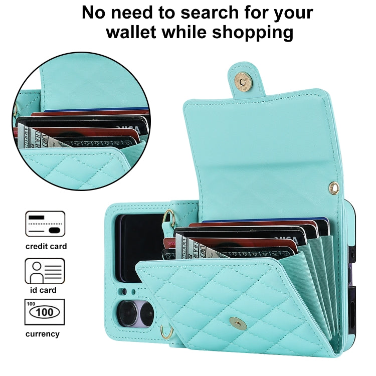 For OPPO Find N2 Flip Rhombic Texture Card Bag PU Phone Case with Long Lanyard(Mint Green) - Find N2 Flip Cases by PMC Jewellery | Online Shopping South Africa | PMC Jewellery