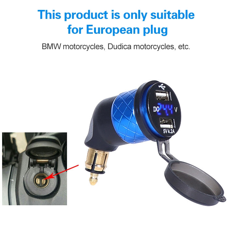 German EU Plug Special Motorcycle Elbow Charger Dual USB Voltmeter 4.2A Charger, Shell Color:Blue(Red Light) - Battery Charger by PMC Jewellery | Online Shopping South Africa | PMC Jewellery | Buy Now Pay Later Mobicred