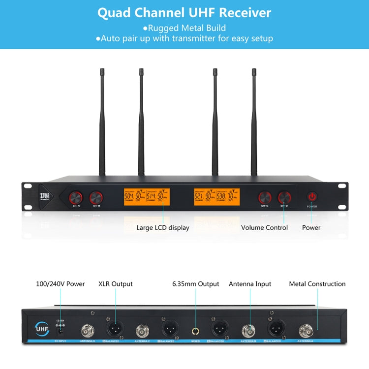 XTUGA A400-H Professional 4-Channel UHF Wireless Microphone System with 4 Handheld Microphone(UK Plug) - Microphone by XTUGA | Online Shopping South Africa | PMC Jewellery | Buy Now Pay Later Mobicred